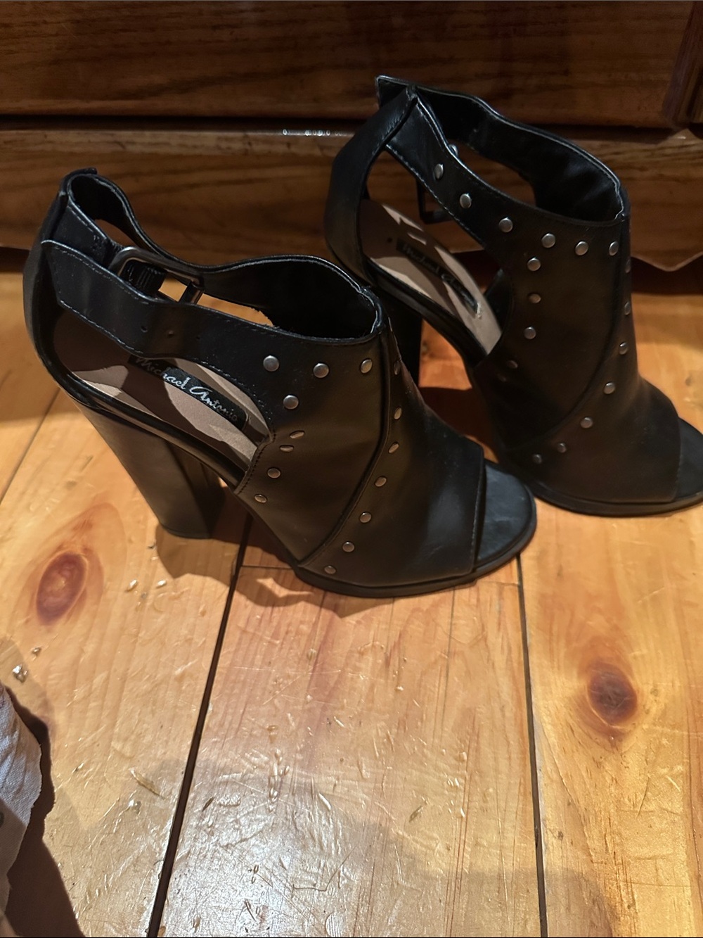 Michael Antonio Black Studded Peep-Toe Block Heels